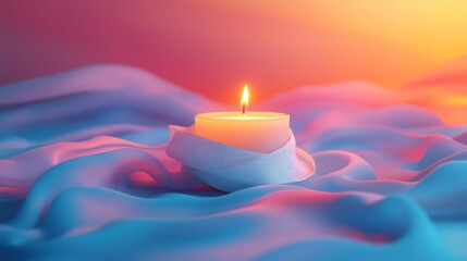 Burning Candle on Silky Fabric with Gradient Backdrop in Soft Lighting