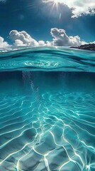 Serene ocean scene with crystal-clear waters and white sandy beaches, showcasing the beauty of nature's landscapes. Blue sky with fluffy clouds adds to the picturesque appearance