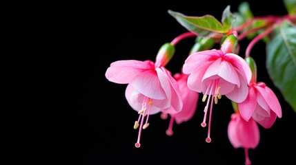 Pink Fuchsia Blossoms Against Black Background