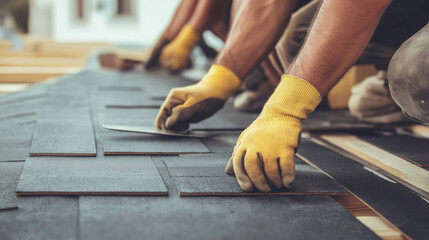 Skilled workers installing roof shingles with precision and care.