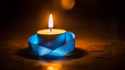 Glowing Candle with Blue Ribbon on Dark Surface Creates a Warm Peaceful and Romantic Ambiance