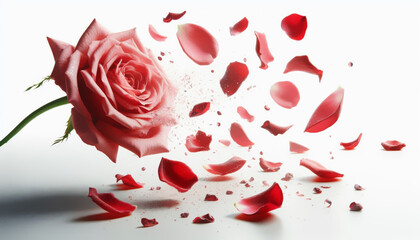 Falling rose petals on white background, selective focus.