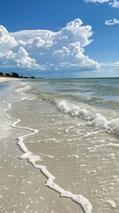 Serene ocean scene with crystal-clear waters and white sandy beaches, showcasing the beauty of nature's landscapes. Blue sky with fluffy clouds adds to the picturesque appearance