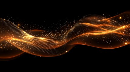 Golden Flowing Particles with Glitter and Sparkle on Black Background with Abstract Wave Design