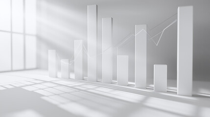A futuristic 3D-rendered white bar graph with a rising trend line, symbolizing business growth, analytics, and financial success.  