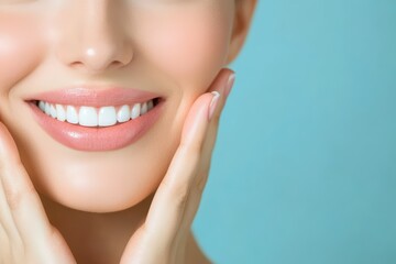 Obraz premium A close-up of a smiling woman showcasing bright white teeth against a soft blue background, emphasizing dental health and beauty.
