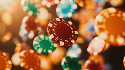 Colorful casino chips falling through the air, creating a dynamic and vibrant atmosphere typical of gaming environments.