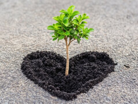 A small green tree grows in a heart-shaped patch of soil, symbolizing love for nature and the importance of environmental health.