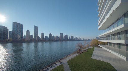 Naklejka premium Modern condo riverfront view, city skyline background; real estate marketing
