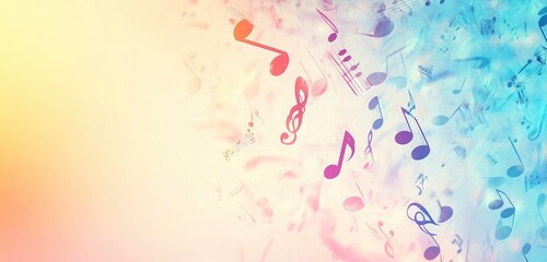 A vibrant music background with musical notes of different sizes in a flowing pattern, set against a soft gradient, providing large areas of copy space.