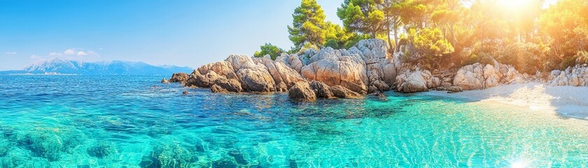 Obraz premium Serene beach escape crystalclear waters and majestic rocks on the shore tranquil