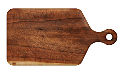 Rustic wooden cutting board with handle, isolated on white background. A well-worn kitchen accessory with knife marks and patina, ideal for food photography and culinary themes.