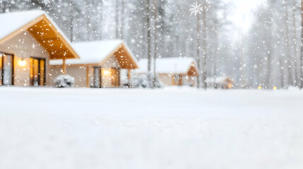 Fototapeta premium Snowy winter cabins, forest background, peaceful scene, holiday postcard