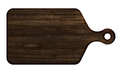 Dark wooden cutting board with handle and natural grain texture, isolated on white background, ideal for food styling or kitchen decor.