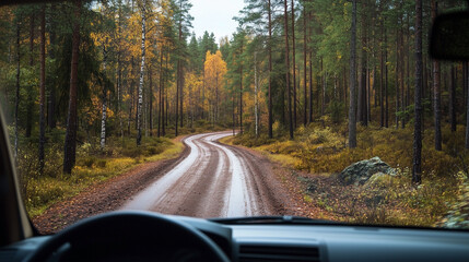 Fototapeta premium A car is driving down a dirt road in a forest