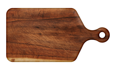 Rustic wooden cutting board with handle, isolated on transparent background. A well-worn kitchen accessory with knife marks and patina, ideal for food photography and culinary themes.