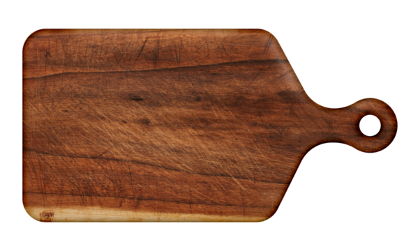 Rustic wooden cutting board with handle, isolated on transparent background. A well-worn kitchen accessory with knife marks and patina, ideal for food photography and culinary themes.