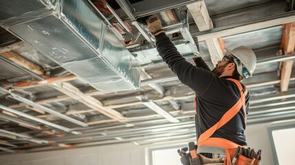 A detailed shot of an HVAC technician installing ductwork in a commercial office building, Office building HVAC installation scene, Mechanical system integration style