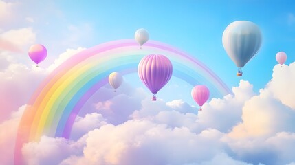 Fototapeta premium Rainbow Hot Air Balloons: Pastel-colored hot air balloons drift serenely amidst fluffy clouds, a vibrant rainbow arching across the dreamy sky, creating a whimsical and enchanting scene.