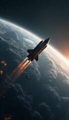 rocket planet moon space flies surface the space science fiction future astronaut galaxy planet moon spaceship illustration retro art science universe technology travel exploration orbit rocket