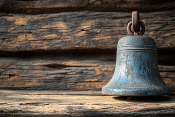 A weathered metal bell sitting on a rough-hewn wooden plank background, with natural light highlighting its texture. Room for text on the wooden surface.