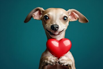 Saluki - my cherished dog. Cute saluki canine with diamond red heart - sign of love, funny greeting card. Digital ads idea art. Dog friendship photos. Love photography valentine's themes.