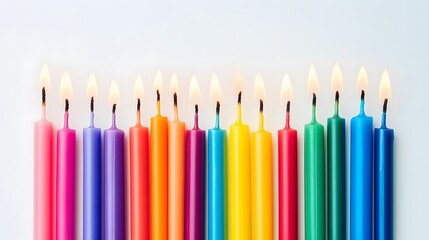 Rainbow Birthday Candles: A vibrant row of colorful birthday candles, each with a flickering flame, creates a festive and joyful scene. Perfect for celebrations and party themes.