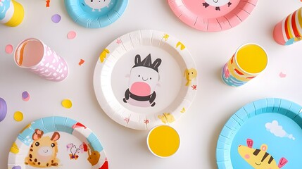 A Party in the Jungle:  Colorful and whimsical paper plates and cups with adorable animal designs, perfect for a jungle-themed birthday party.  