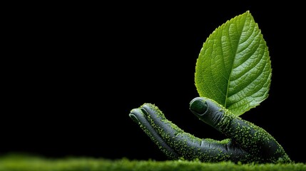 Obraz premium Green hands hold a leaf, eco-friendly concept