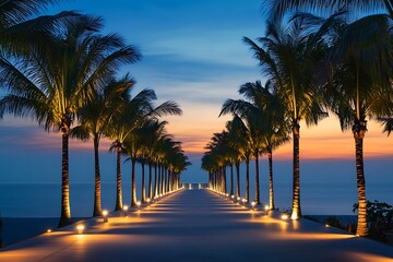 A breathtaking ocean view featuring an illuminated boardwalk lined with palm trees, enhancing the coastal ambiance during dusk.