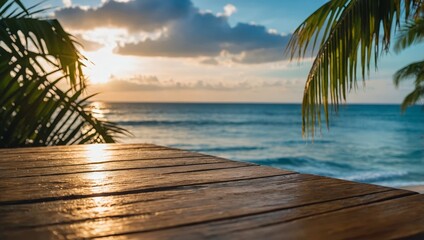 Tropical table scene with palm shadows and blurred ocean and sky beyond.

