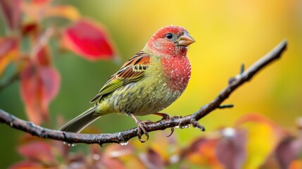 A colorful finch perched on a tree branch with morning dew.