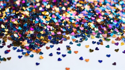 Heartfelt Glitter: A sparkling cascade of multi-colored heart-shaped glitter, each tiny piece reflecting light, creating a captivating display of vibrant hues and textures.