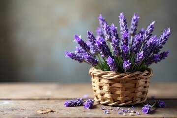 A fragrant bouquet of lavender blossoms nestled in a rustic woven basket, resting on a weathered wooden surface.