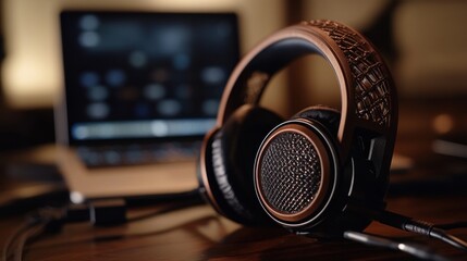 Luxury Audiophile Headphones with Laptop in Background