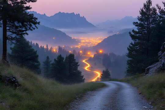 Misty Mountain Valley Road at Dawn