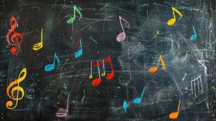 A black chalkboard covered with colorful chalk drawings of music notes.