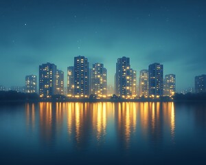 Fototapeta premium Night cityscape reflected in calm water. (2)