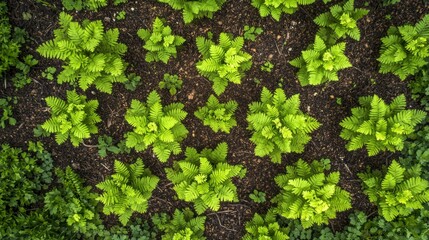 Top-down shot of ferns growing in a forest setting, with light filtering through.