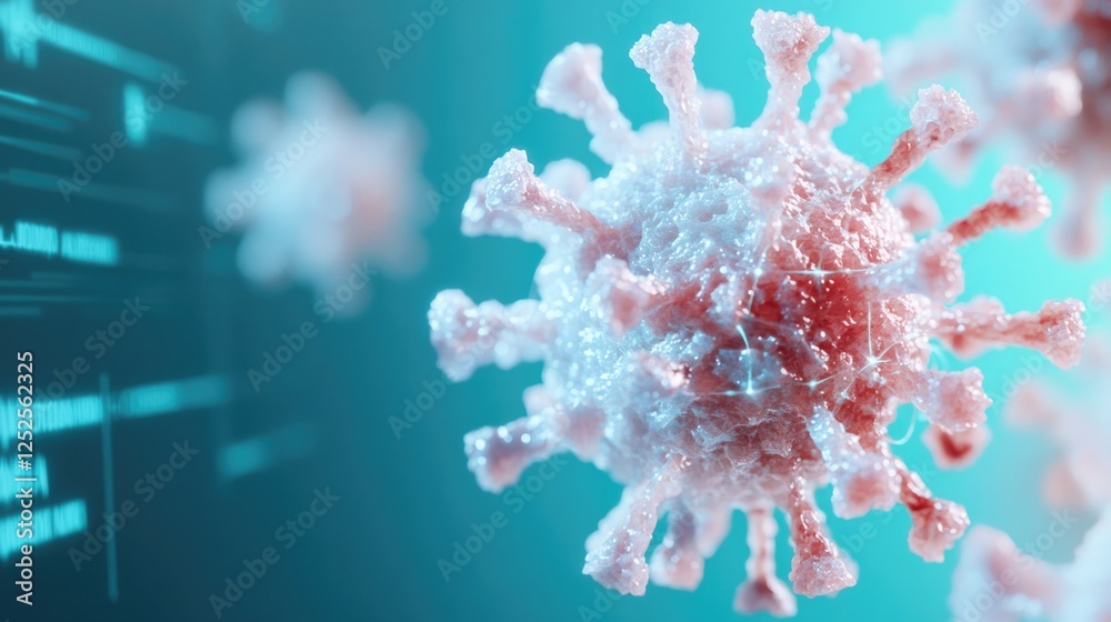 Poster conceptual visualization of virus particles dissolving as result of vaccine injection set against fu