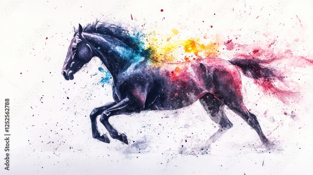 Poster a beautiful abstract watercolor painting of a running horse, with colorful paint splashes conveying 