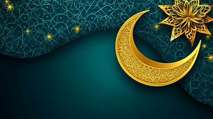 Ornate Golden Crescent Moon and Star Design