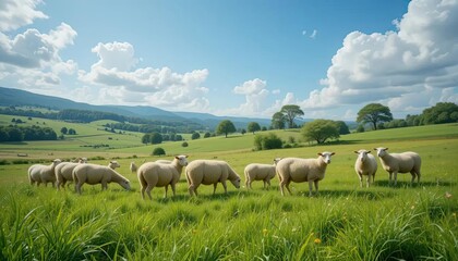 Fototapeta premium Picturesque pasture with sheep grazing in lush greenery, illustrating a peaceful, eco-friendly livestock scene in a rural landscape. 