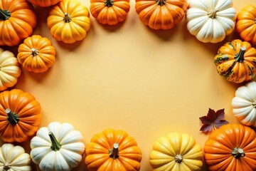 Autumn Harvest A Festive Frame of Colorful Pumpkins and a Single Leaf on a Warm Background