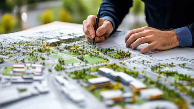 A detailed shot of an urban planner reviewing plans for a sustainable urban redevelopment project, Urban redevelopment scene, Eco-friendly urbanism style