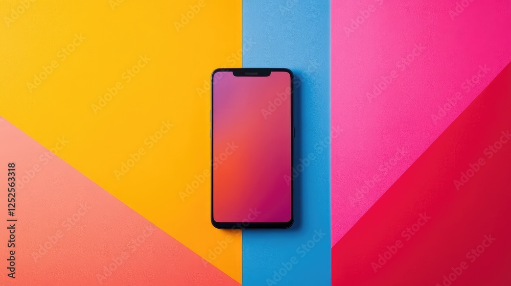 Poster a beautiful smartphone placed against a bold, multicolor backdrop, emphasizing its sleek design and 