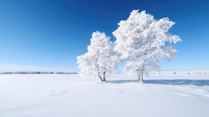 Frosty birches in snowy field, clear sky; winter landscape