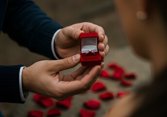 A Romantic Proposal with a Ring in a Red Velvet Box