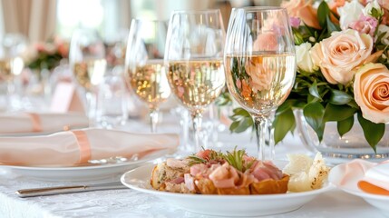 Festive Dining Table with Champagne and Appetizers