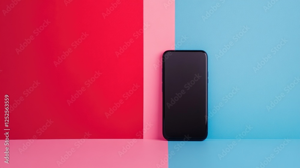Poster a beautiful smartphone placed against a bold, multicolor backdrop, emphasizing its sleek design and 